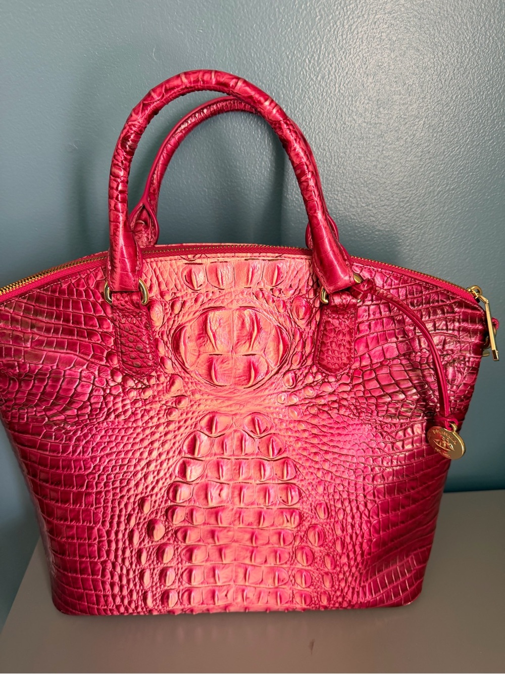 Brahmin Hot Pink Croc-Embossed Satchel with Detachable Strap - Picture 2 of 3